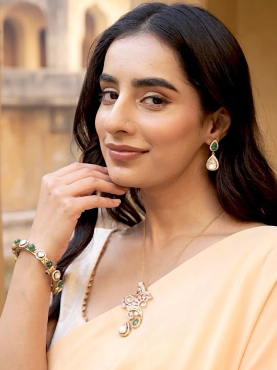 Manmohini Mossanite Polki Pendant Set- Gold Plated