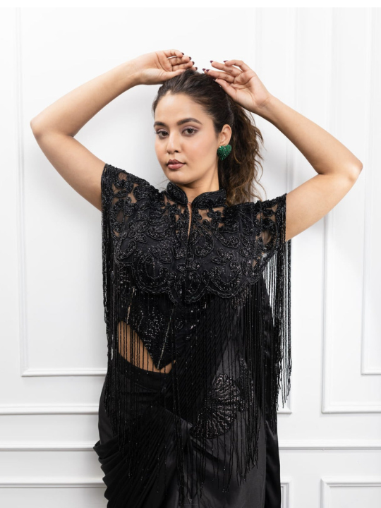 Black Embroidered Fringe Cape