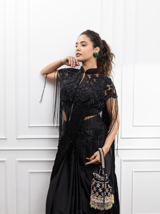 Black Embroidered Fringe Cape