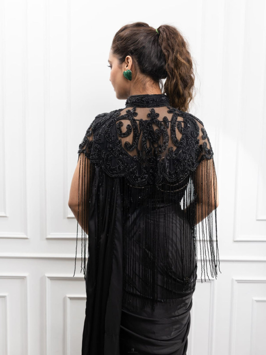 Black Embroidered Fringe Cape