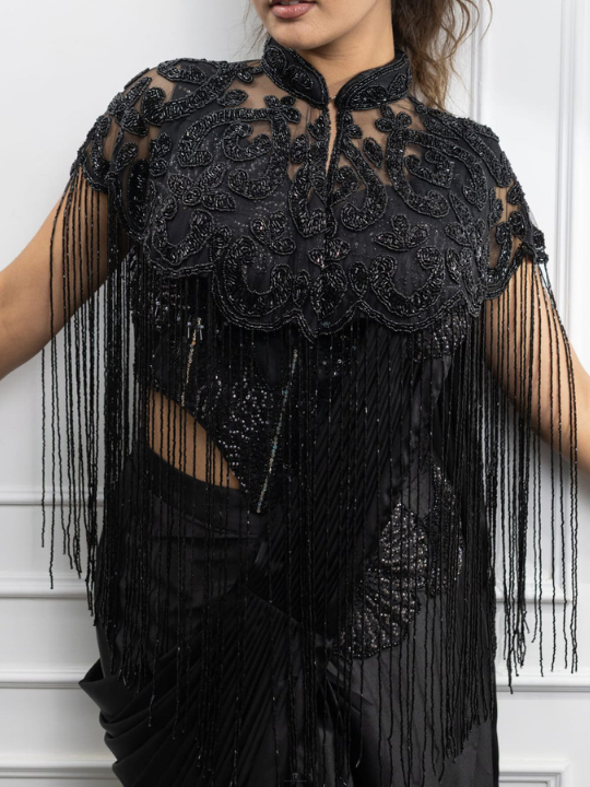 Black Embroidered Fringe Cape