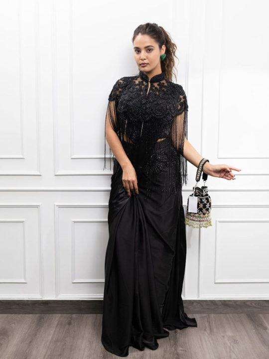 Black Embroidered Fringe Cape