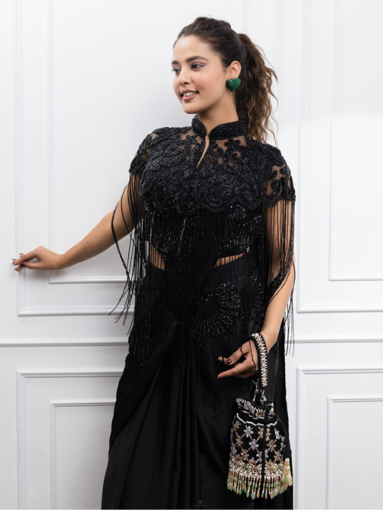 Black Embroidered Fringe Cape