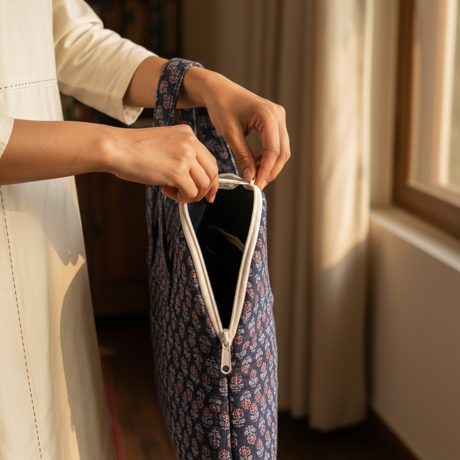 Nirjhari Handcrafted Cotton Laptop Sleeve | Navy Screen Print