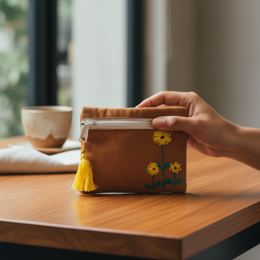 Handmade Square Coin Pouch with Embroidery