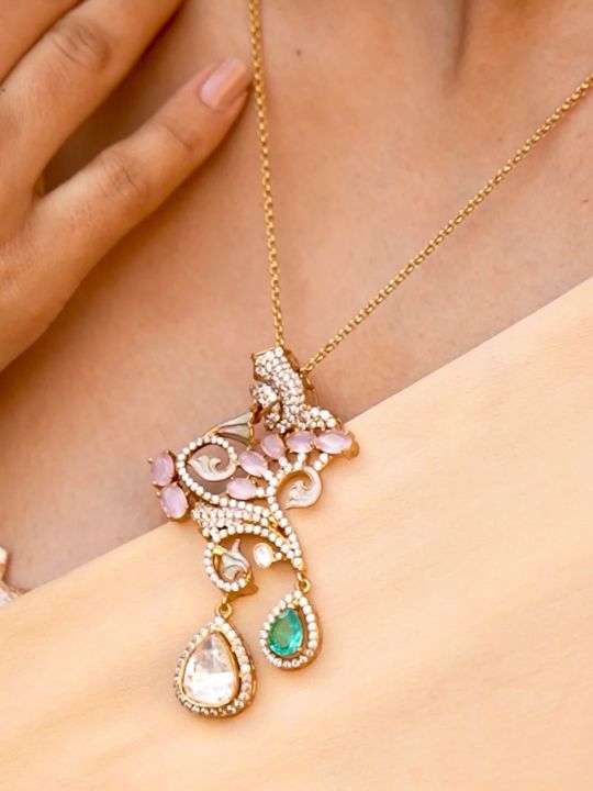 Manmohini Mossanite Polki Pendant Set- Gold Plated