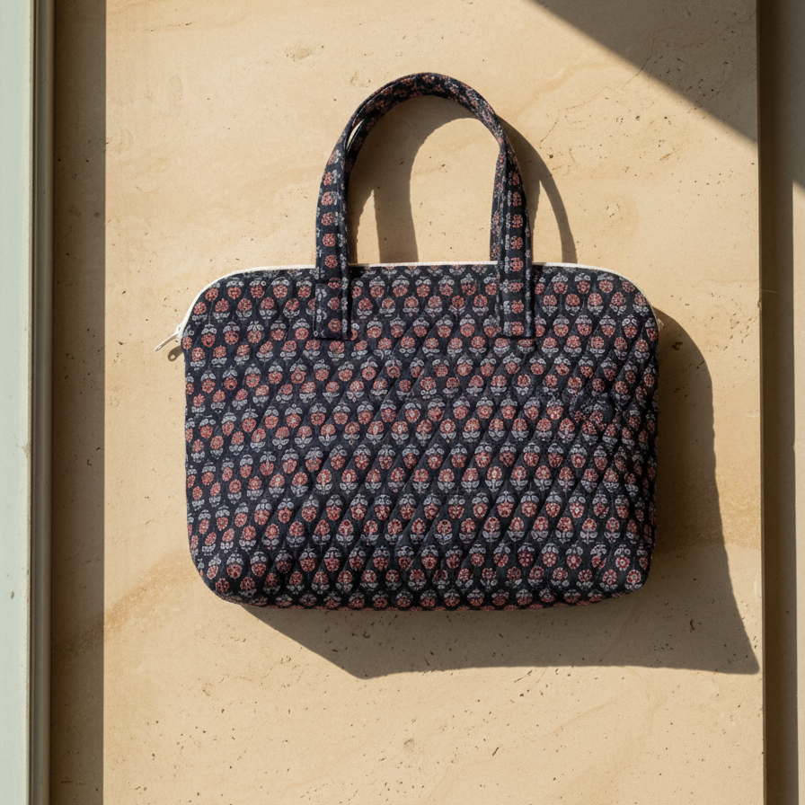 Nirjhari Handcrafted Cotton Laptop Sleeve | Navy Screen Print