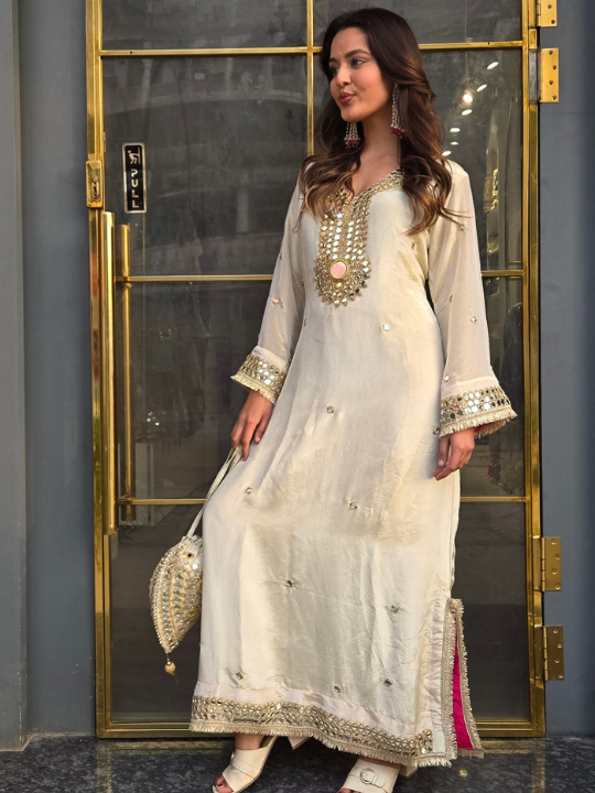 Embroidered Ivory White Kaftan with Golden Mirror Work