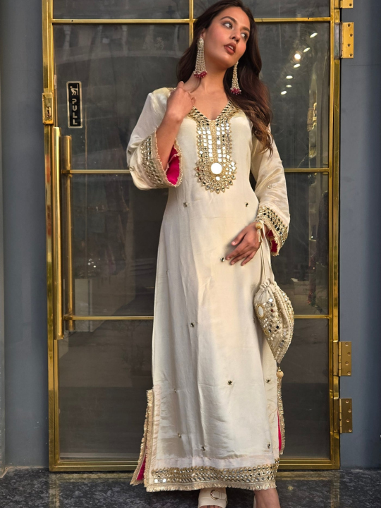 Embroidered Ivory White Kaftan with Golden Mirror Work