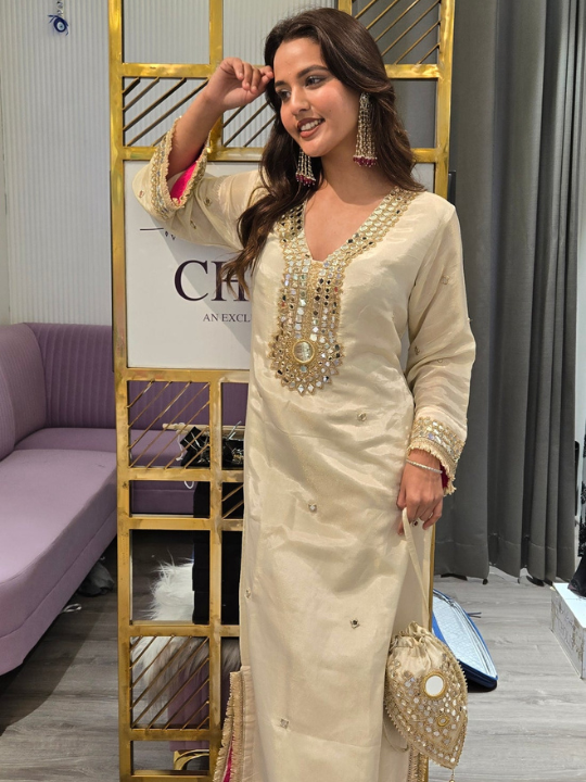 Embroidered Ivory White Kaftan with Golden Mirror Work