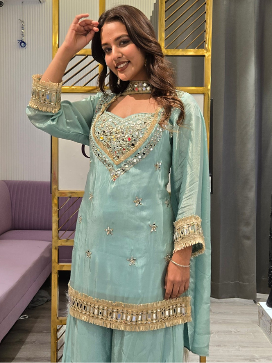 Sky Blue Mirror Work Sharara Set