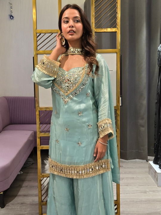 Sky Blue Mirror Work Sharara Set