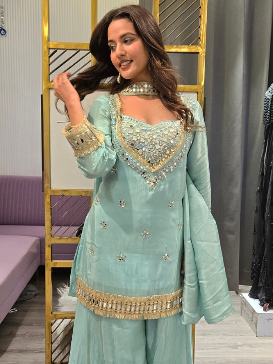 Sky Blue Mirror Work Sharara Set