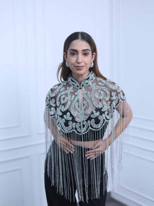 Silver Embroidered Fringe Cape