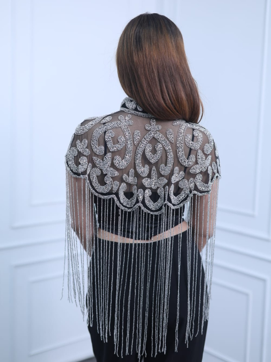 Silver Embroidered Fringe Cape