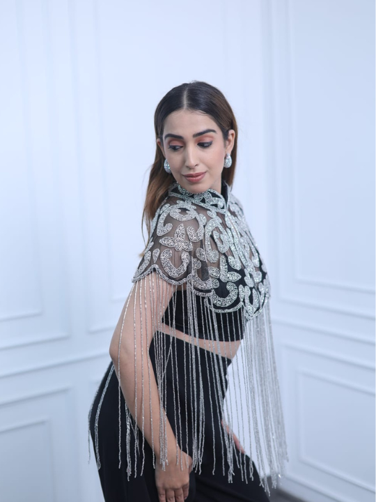 Silver Embroidered Fringe Cape