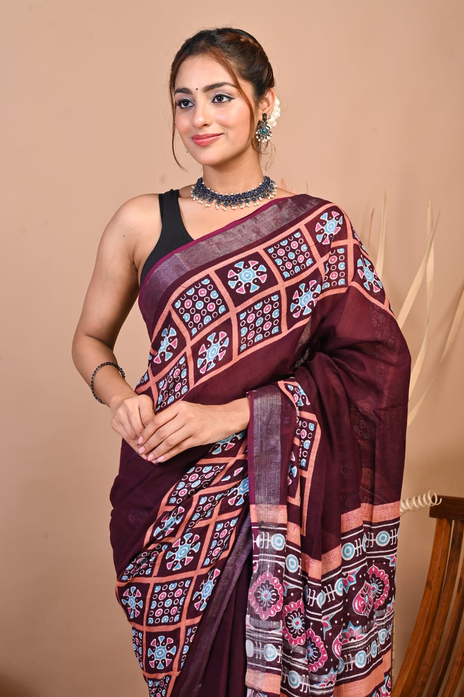 Raktima Wine Linen Saree