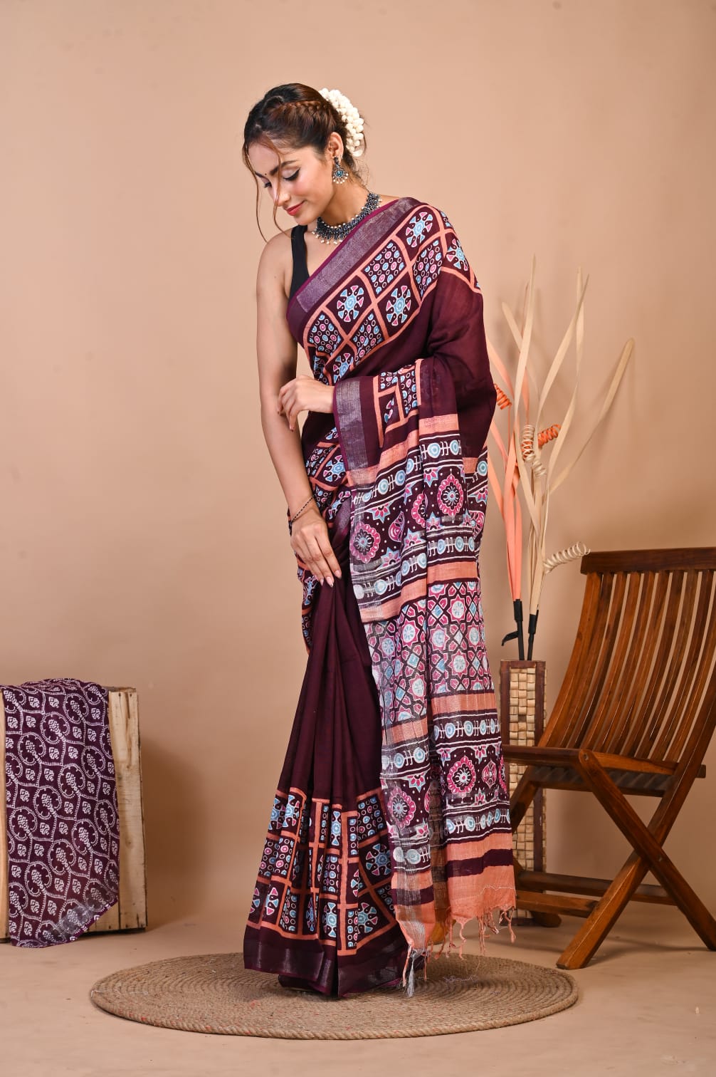 Raktima Wine Linen Saree