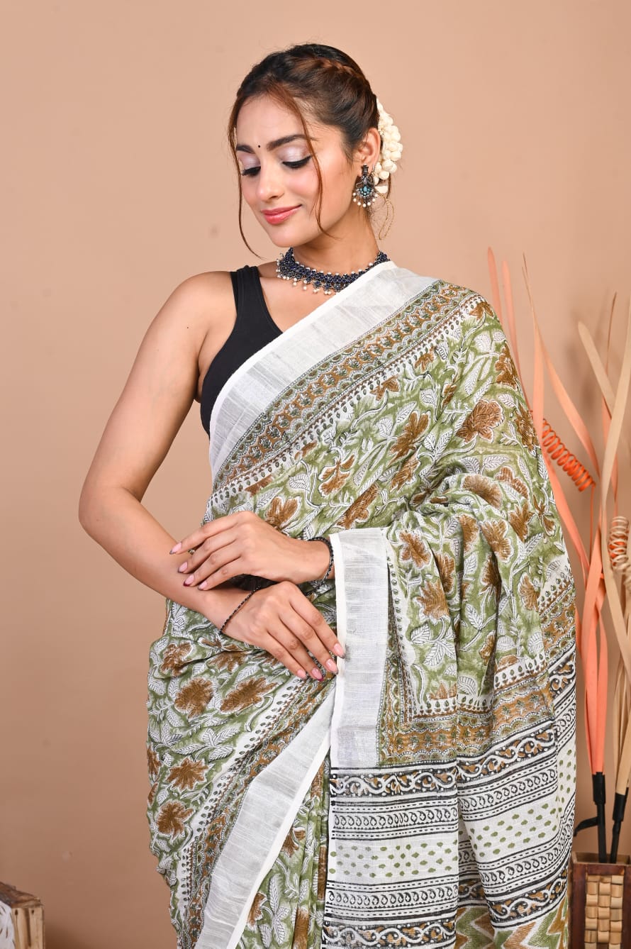 Vrinda Olive Bloom Linen Saree
