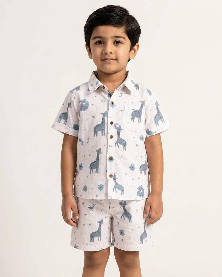 Safari Explorer Giraffe Print Boys' Cotton Co-ord Set: Shirt & Shorts