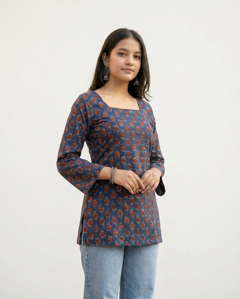 Navy Blue Floral Print Cotton Short Kurti with Flared Sleeves