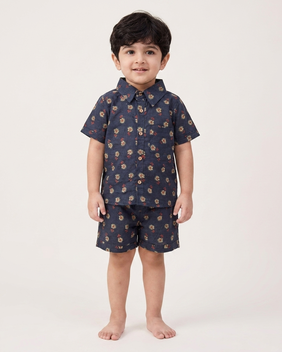 Midnight Floral Boota Boys' Cotton Co-ord Set: Shirt & Shorts