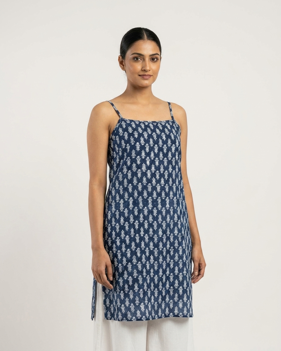 Indigo Blue Cotton Spaghetti-Strap Kurti with White Leaf Boota Print