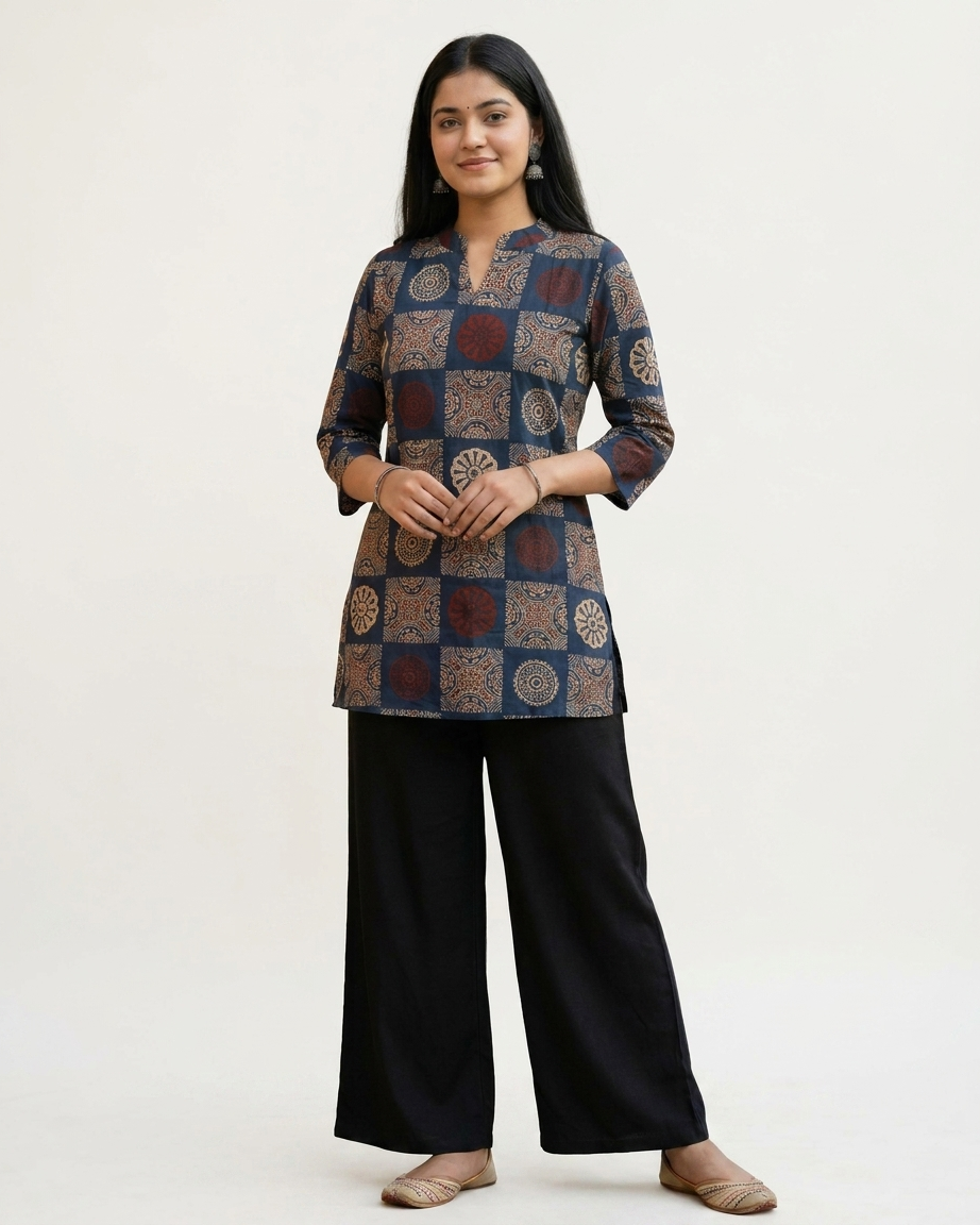 Indigo Jaipuri Geometric Print Cotton Short Kurti