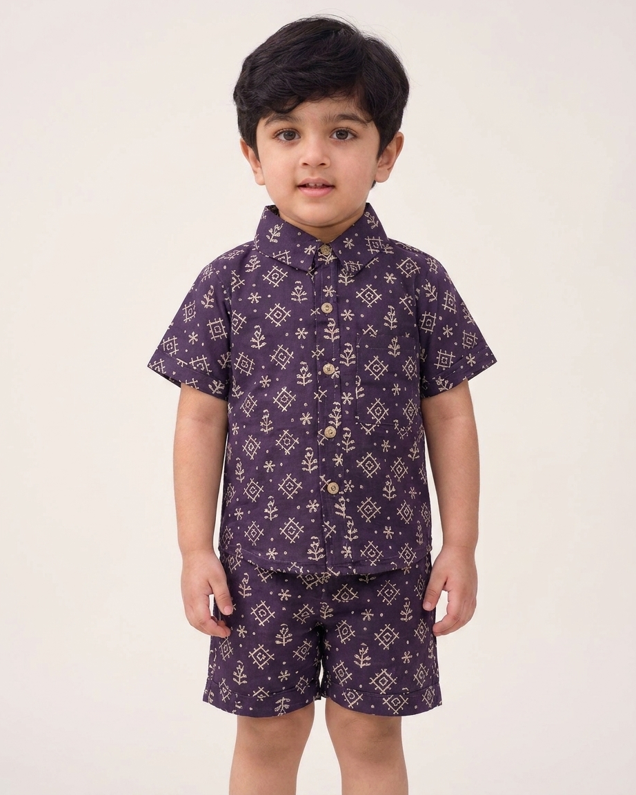 Midnight Geometric Block Print Boys' Cotton Co-ord Set: Shirt & Shorts