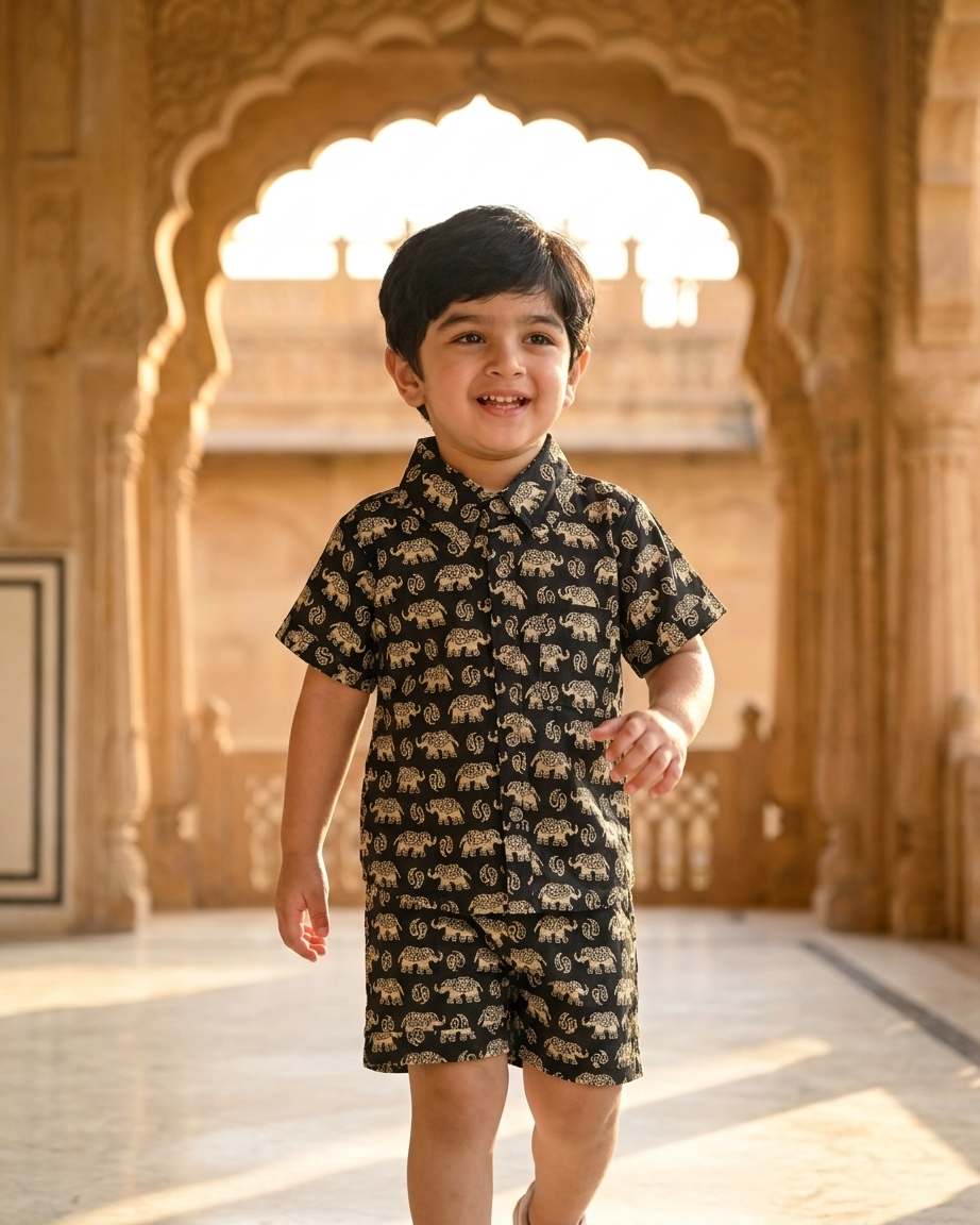 Midnight Black Elephant Print Boys' Cotton Co-ord Set: Shirt & Shorts