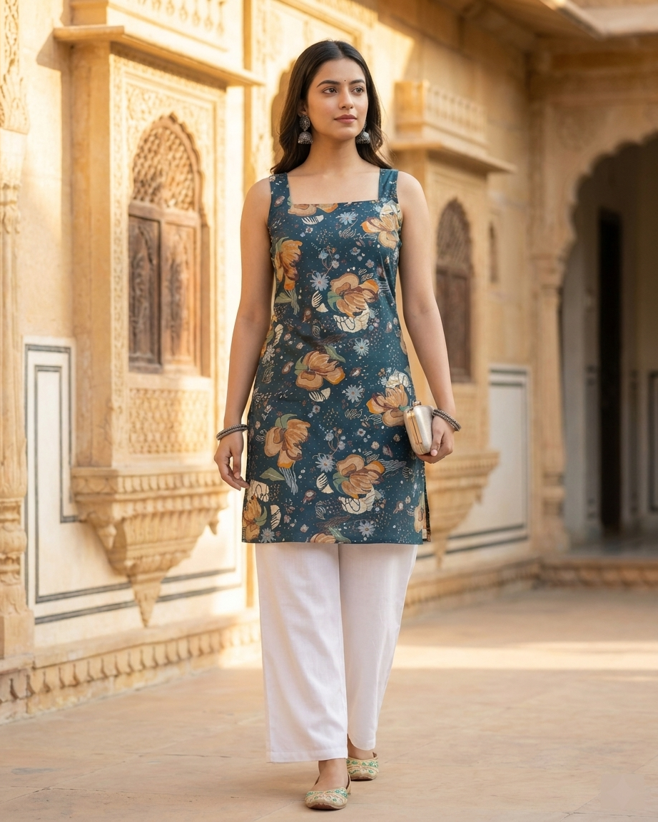 Midnight Teal Floral Sleeveless Short Kurti