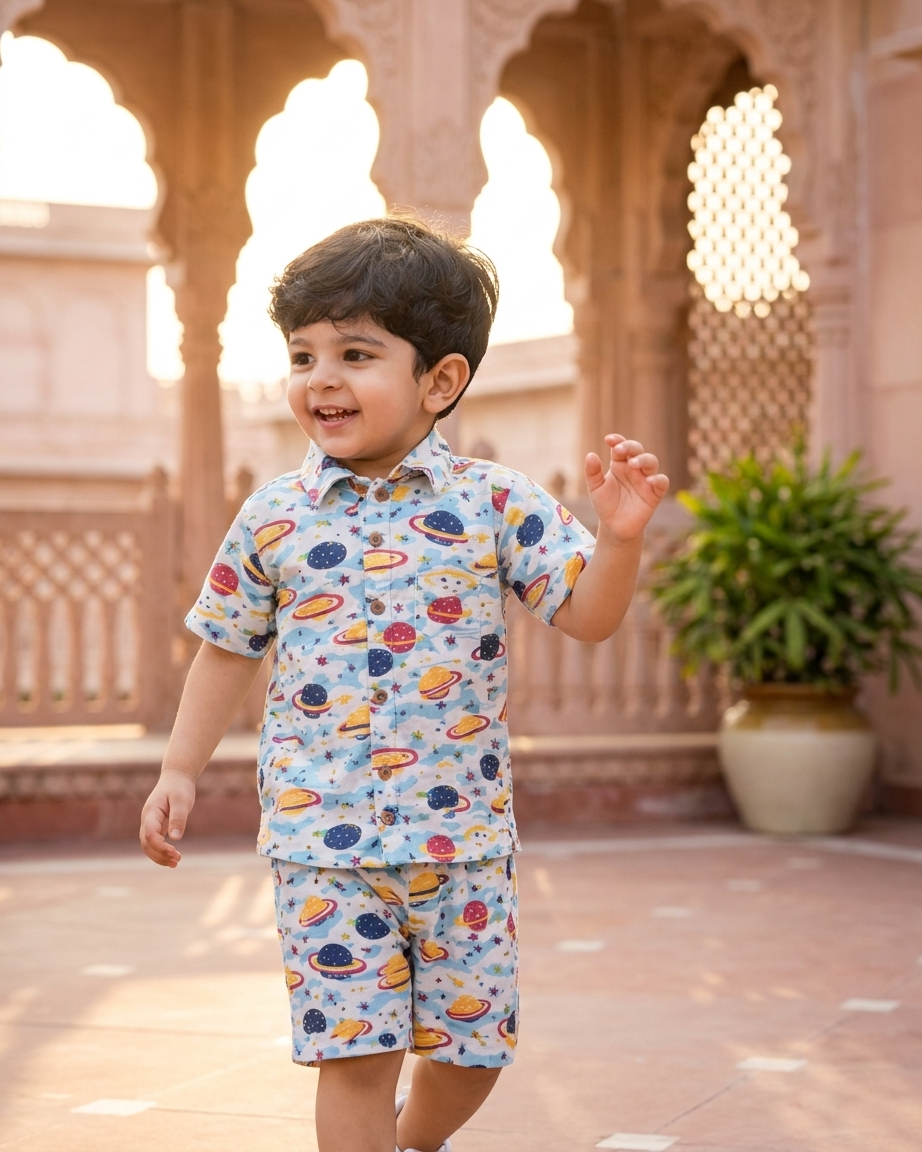 Cosmic Explorer Space Print Boys' Cotton Co-ord Set: Shirt & Shorts