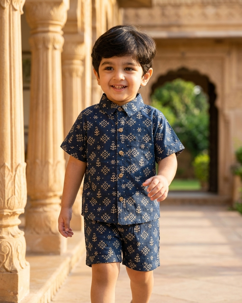 Midnight Geometric Boys' Cotton Co-ord Set: Shirt & Shorts