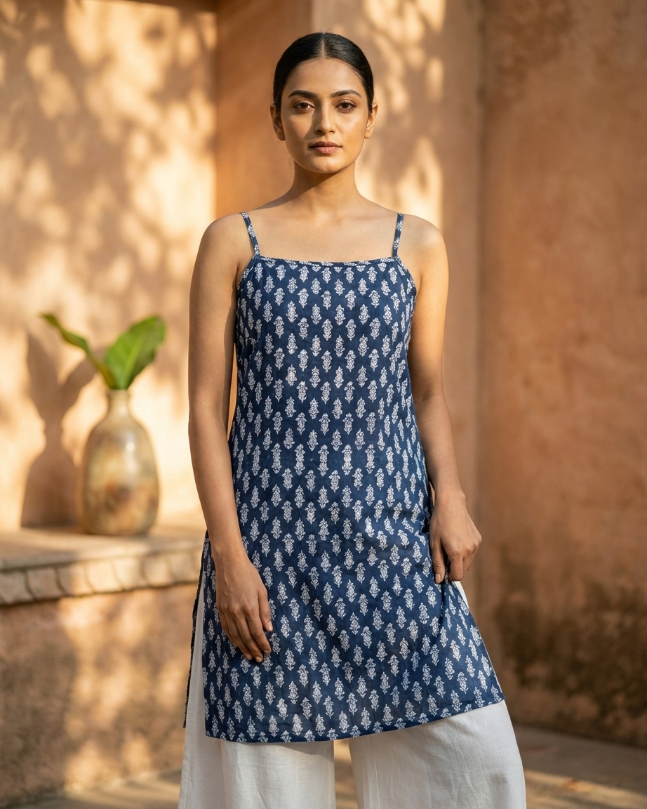 Indigo Blue Cotton Spaghetti-Strap Kurti with White Leaf Boota Print