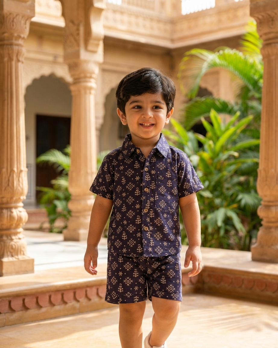 Midnight Geometric Block Print Boys' Cotton Co-ord Set: Shirt & Shorts