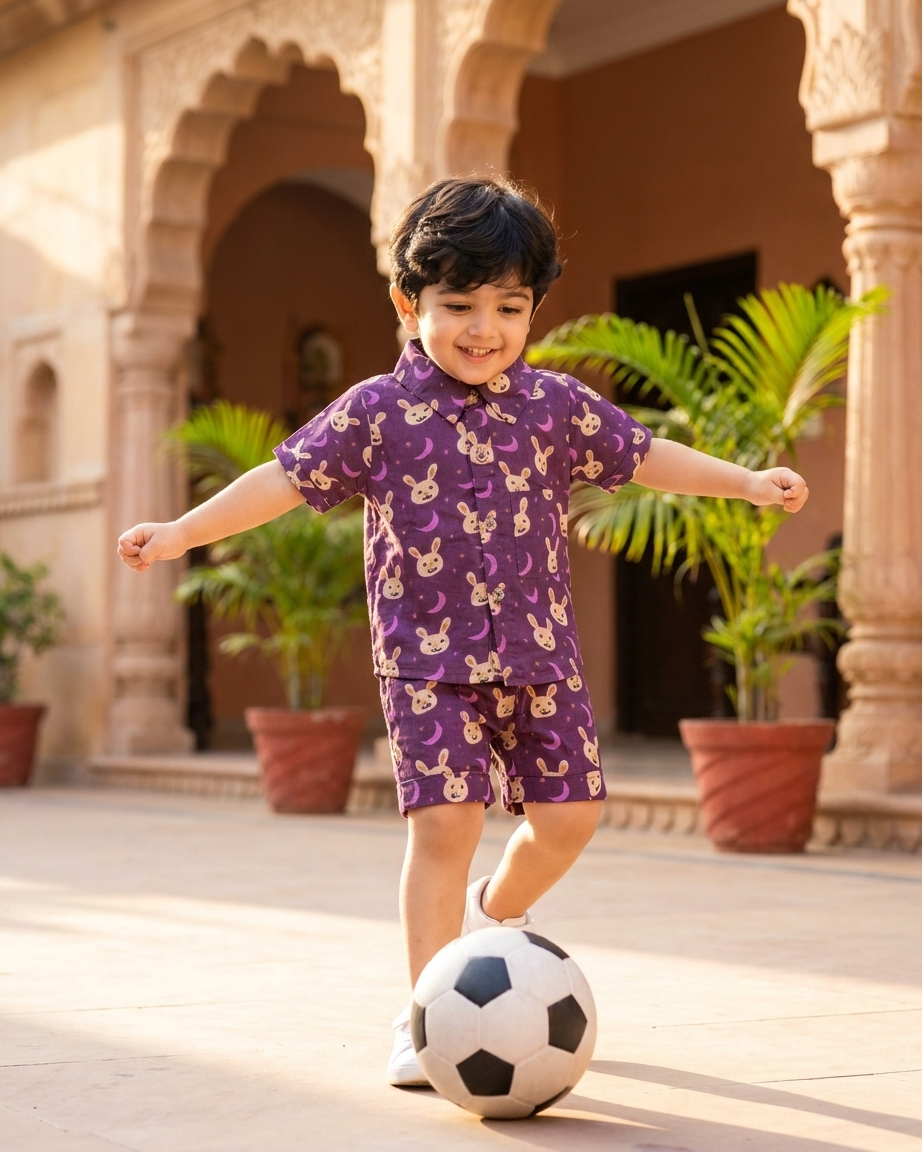Midnight Bunny Boys' Cotton Co-ord Set: Shirt & Shorts