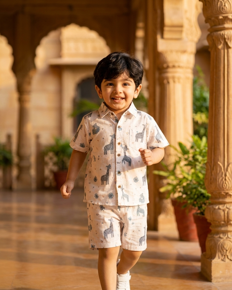 Safari Explorer Giraffe Print Boys' Cotton Co-ord Set: Shirt & Shorts