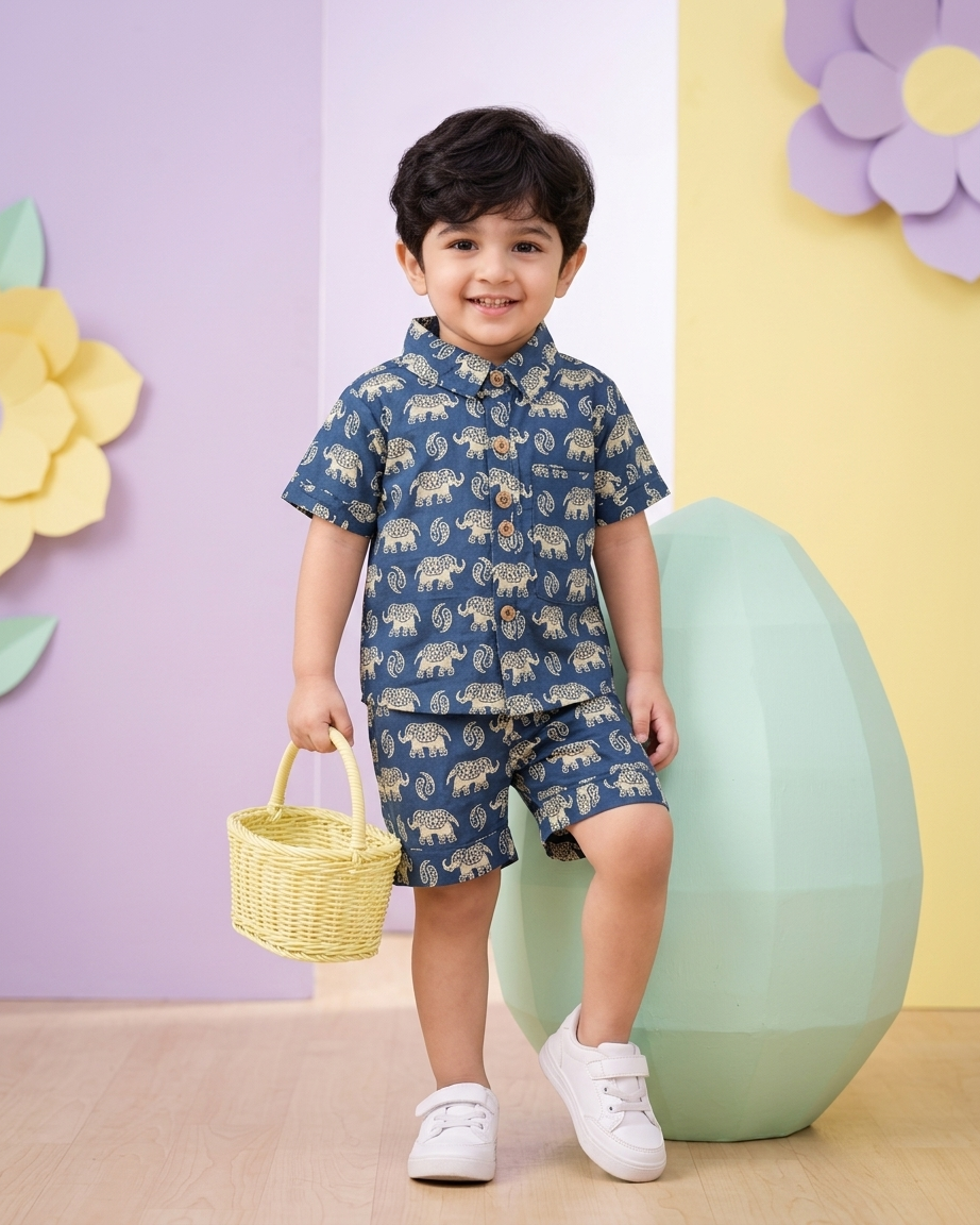 Slate Blue Elephant Motif Boys' Cotton Co-ord Set: Shirt & Shorts