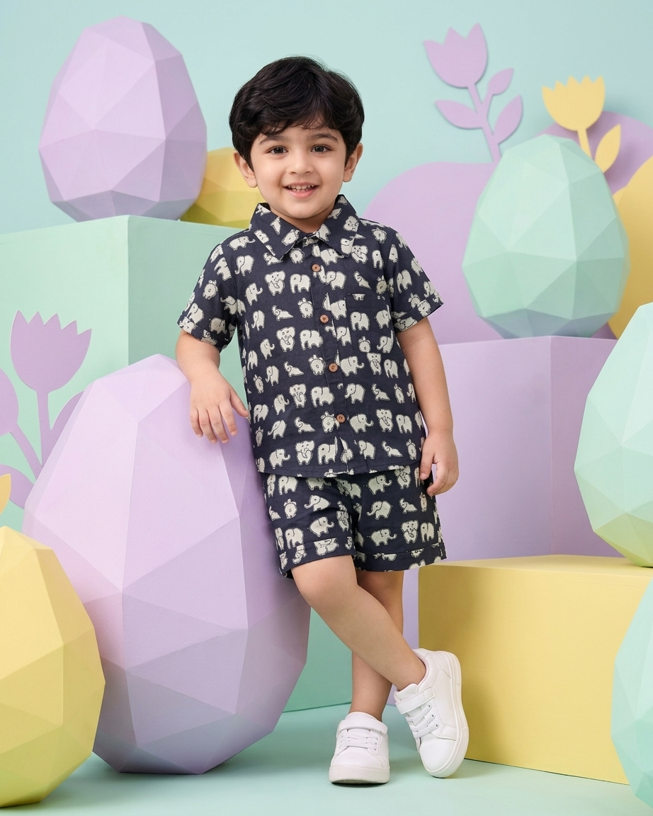 Midnight Elephant Boys' Cotton Co-ord Set: Shirt & Shorts