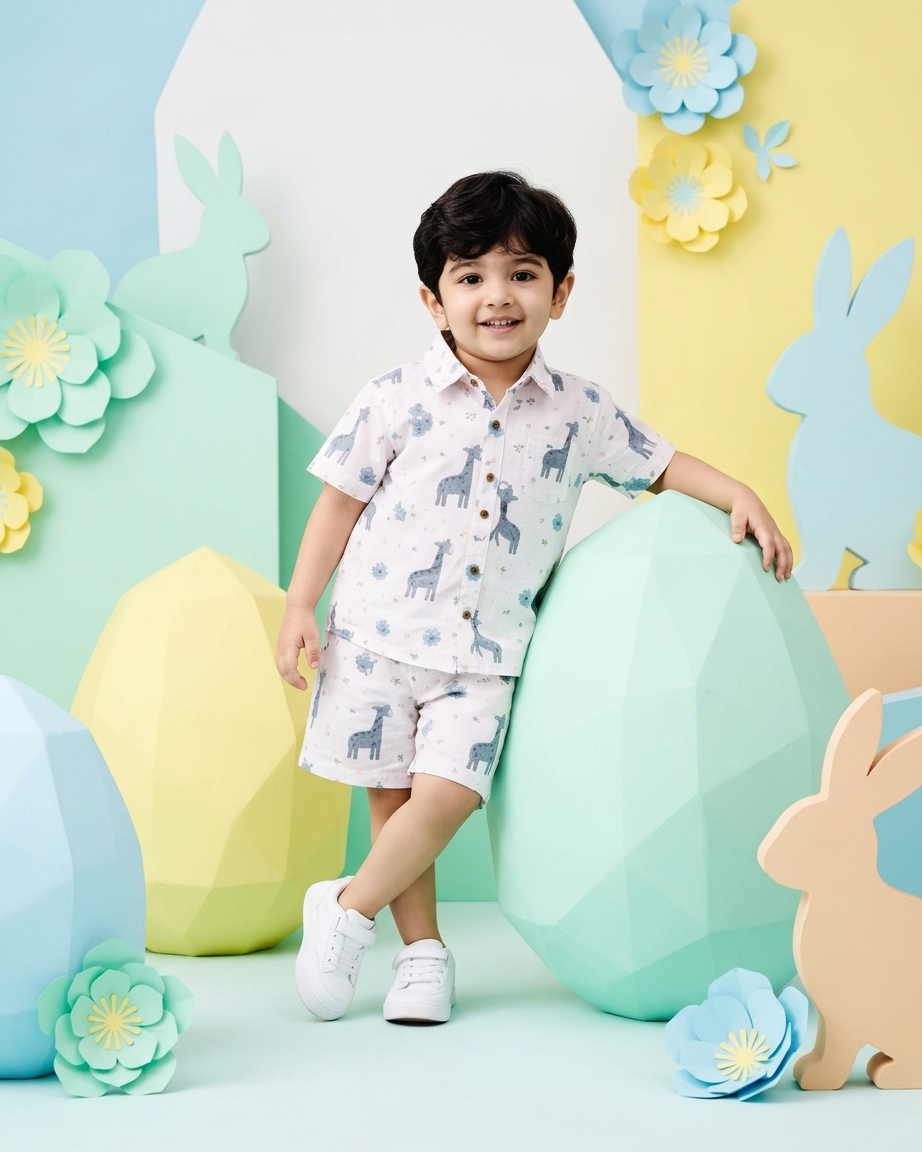 Safari Explorer Giraffe Print Boys' Cotton Co-ord Set: Shirt & Shorts