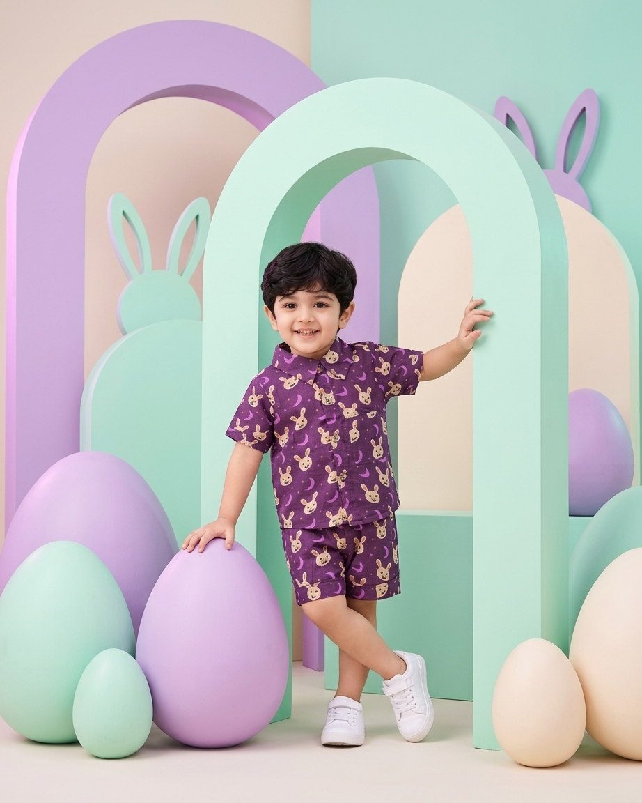 Midnight Bunny Boys' Cotton Co-ord Set: Shirt & Shorts