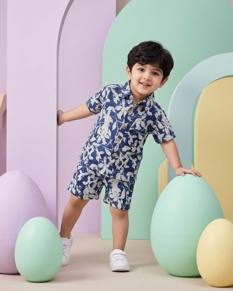 Indigo Leaf Print Boys' Cotton Co-ord Set: Shirt & Shorts