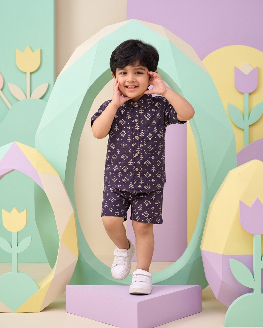 Midnight Geometric Block Print Boys' Cotton Co-ord Set: Shirt & Shorts