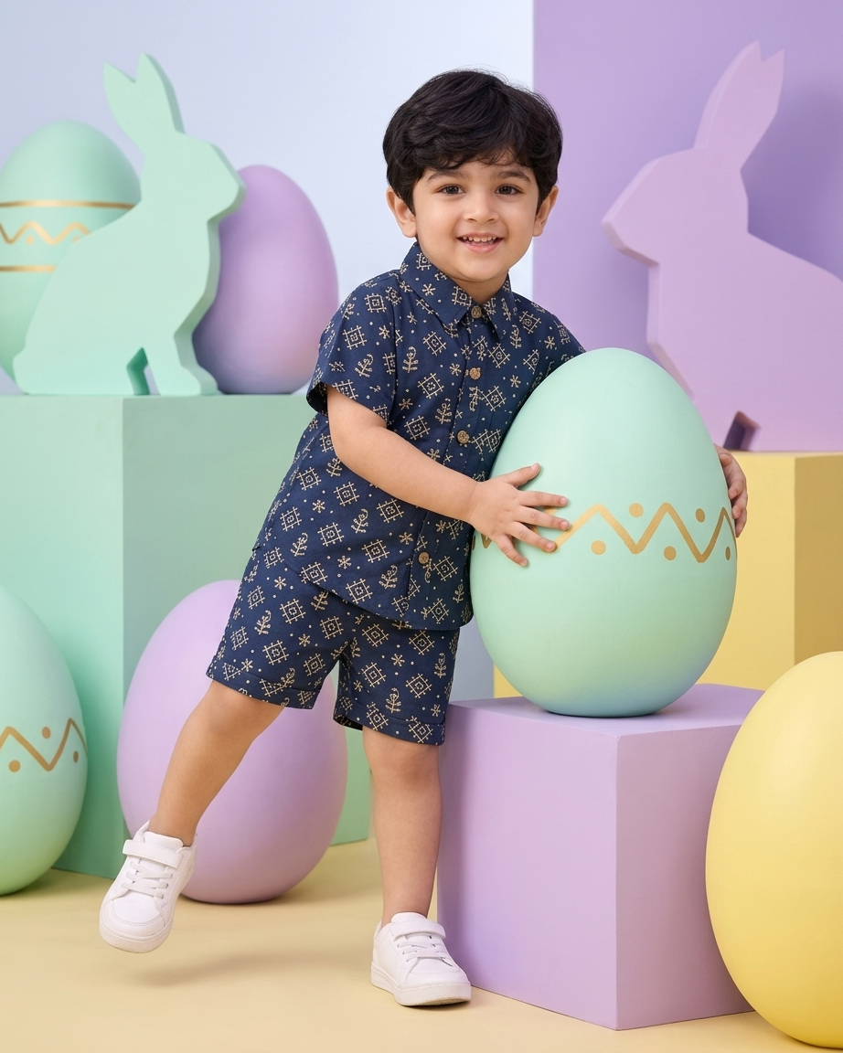Midnight Geometric Boys' Cotton Co-ord Set: Shirt & Shorts