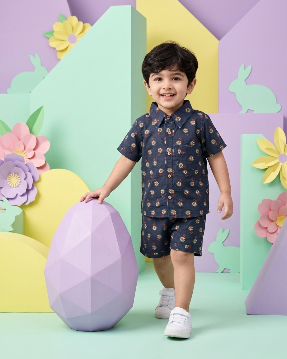 Midnight Floral Boota Boys' Cotton Co-ord Set: Shirt & Shorts