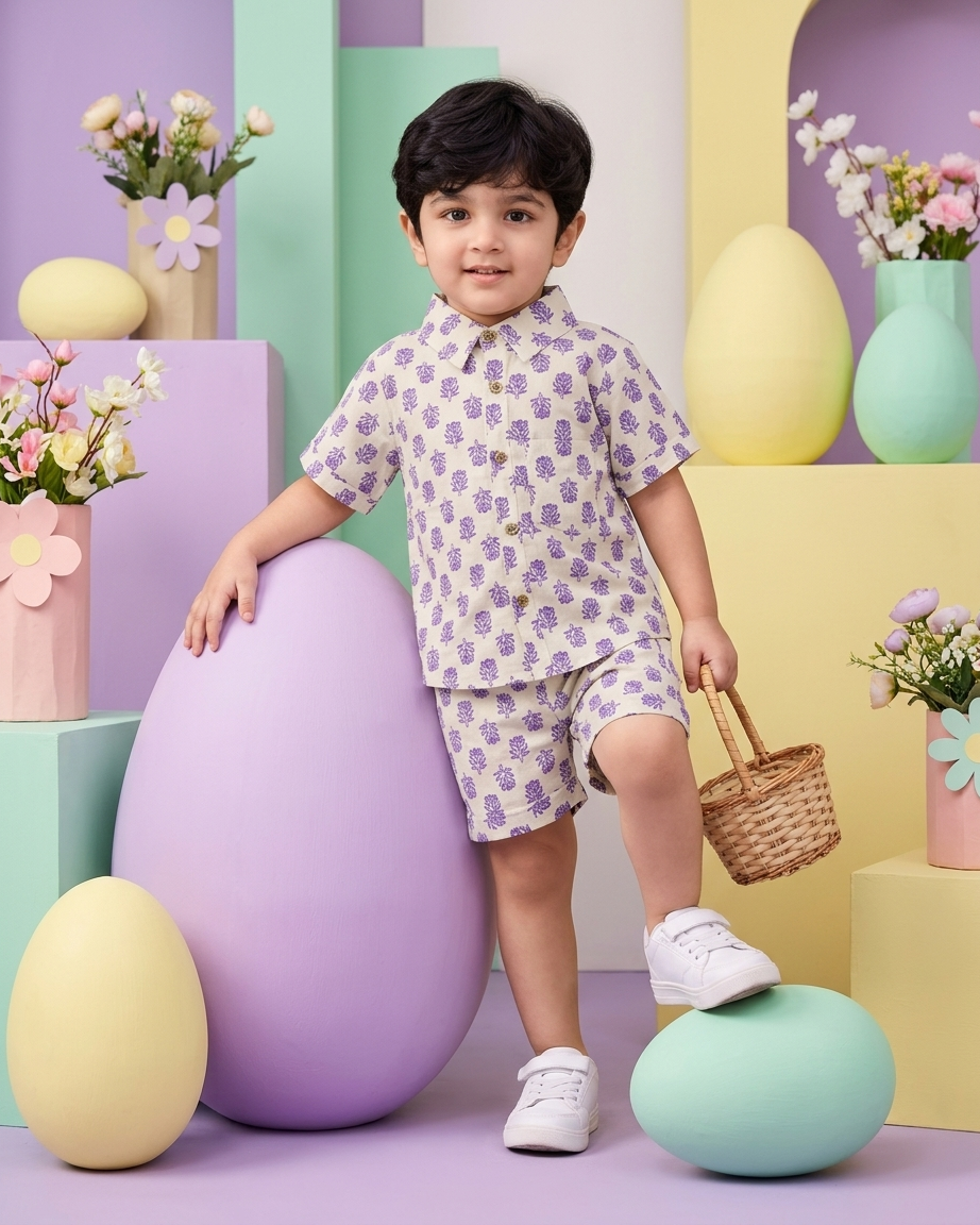 Lavender Boota Boys' Cotton Co-ord Set: Shirt & Shorts