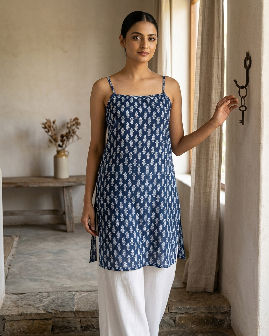 Indigo Blue Cotton Spaghetti-Strap Kurti with White Leaf Boota Print