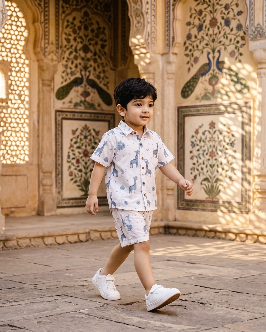 Safari Explorer Giraffe Print Boys' Cotton Co-ord Set: Shirt & Shorts