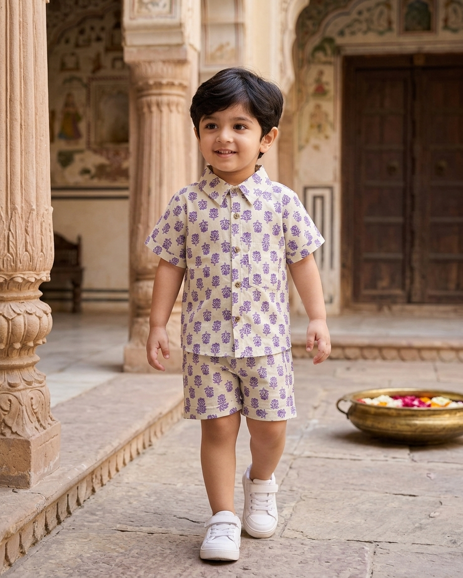 Lavender Boota Boys' Cotton Co-ord Set: Shirt & Shorts