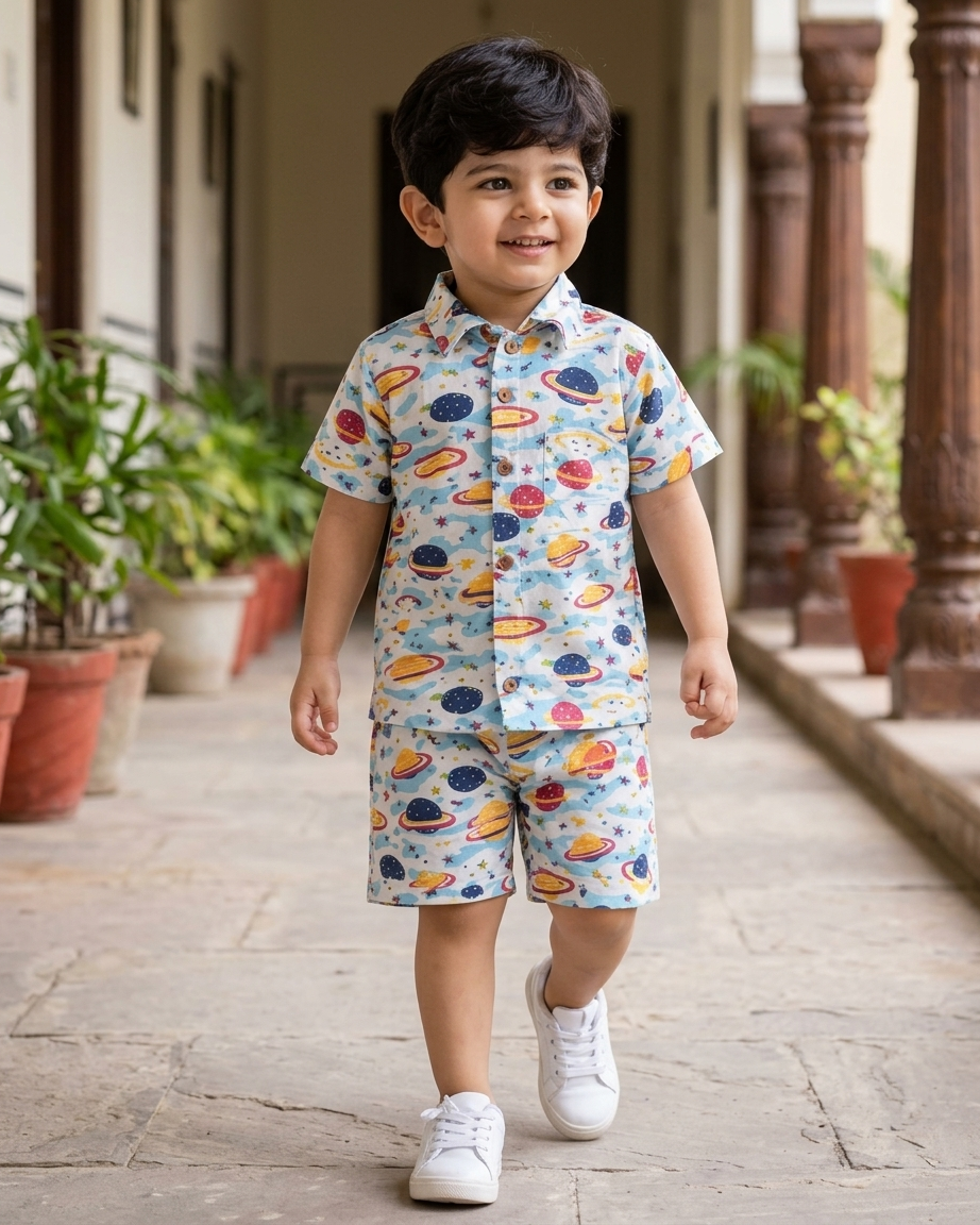 Cosmic Explorer Space Print Boys' Cotton Co-ord Set: Shirt & Shorts